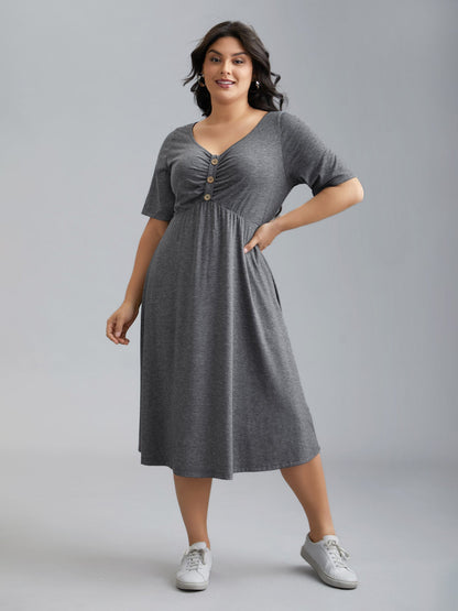 Gathered Button Detail Plain Knit Dress