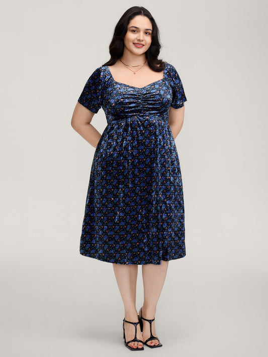 Velvet Floral Gathered Bodice Midi Dress