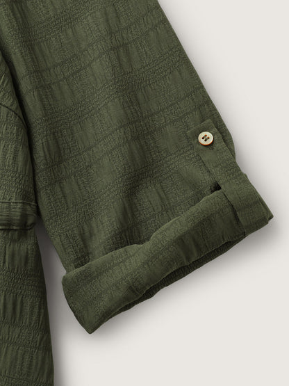 Textured Tab Sleeve Waist Drawstring Blouse