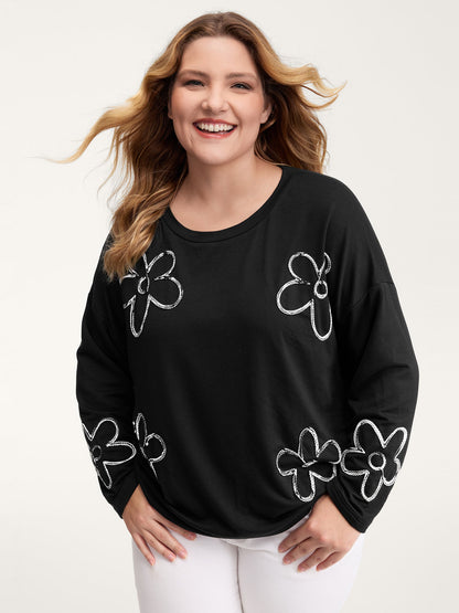 Floral Cord Embroidery Round Neck Sweatshirt