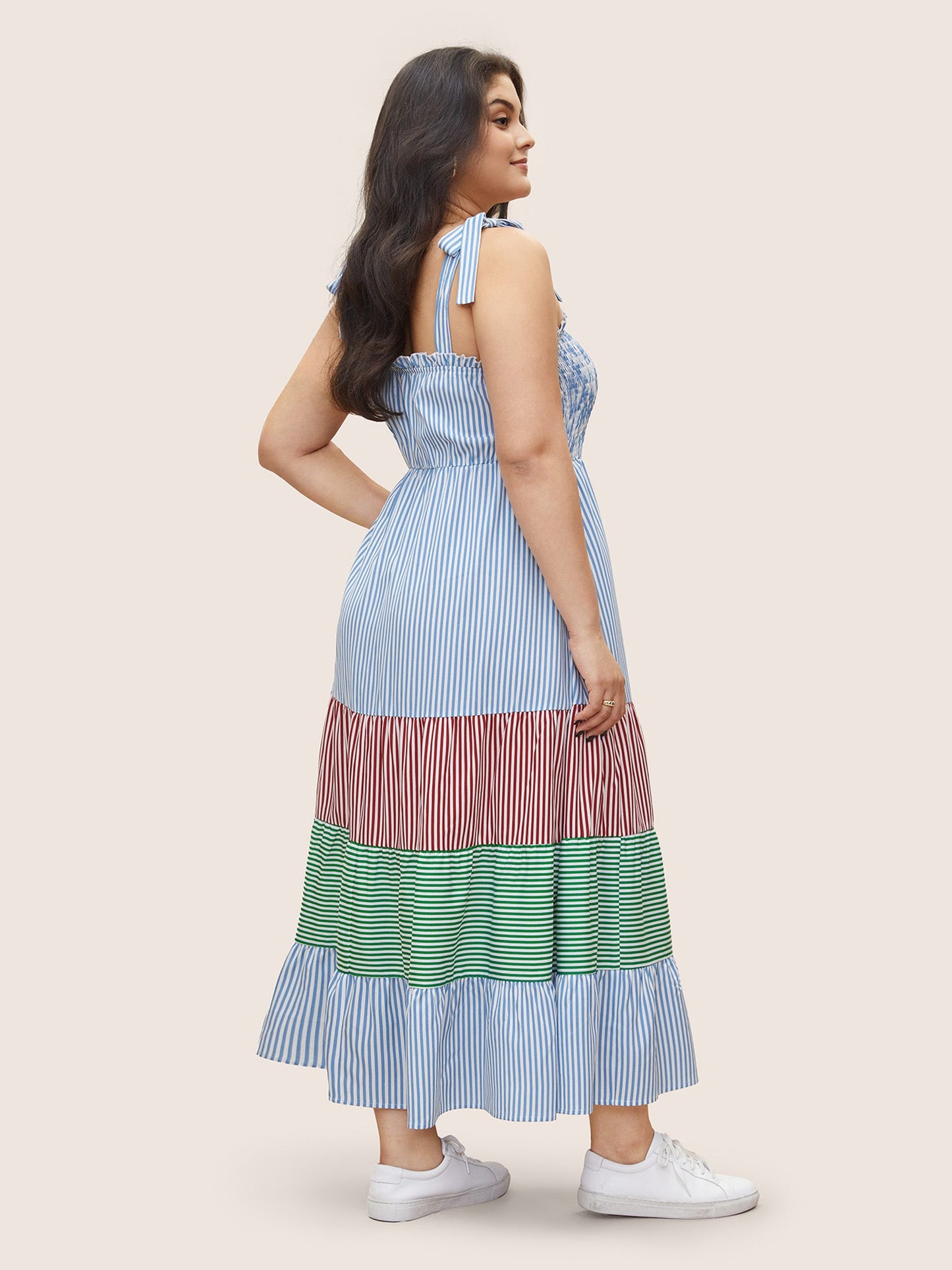Contrast Striped Patchwork Shirred Ties Dress
