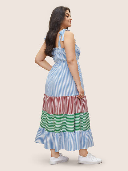 Contrast Striped Patchwork Shirred Ties Dress