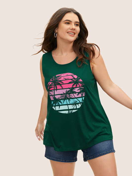 Tropical Vacation Print Crew Neck Tank Top