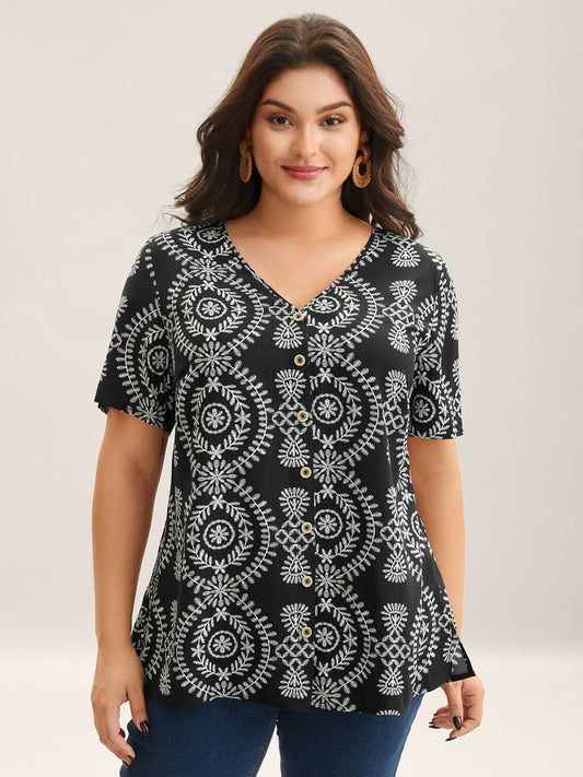 Boho Print Button Placket Blouse