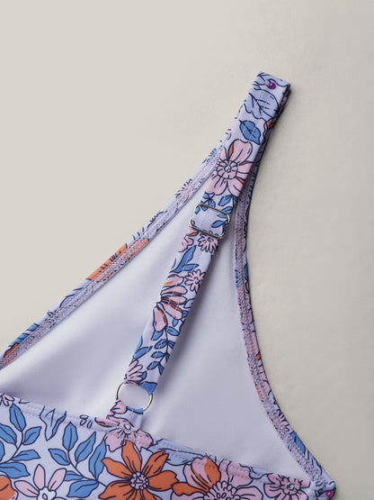 Floral Print Tiered Ties Adjustable Swim Top