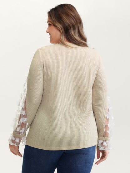 Floral Sheer Textured Sleeve V-Neck Sweatshirt