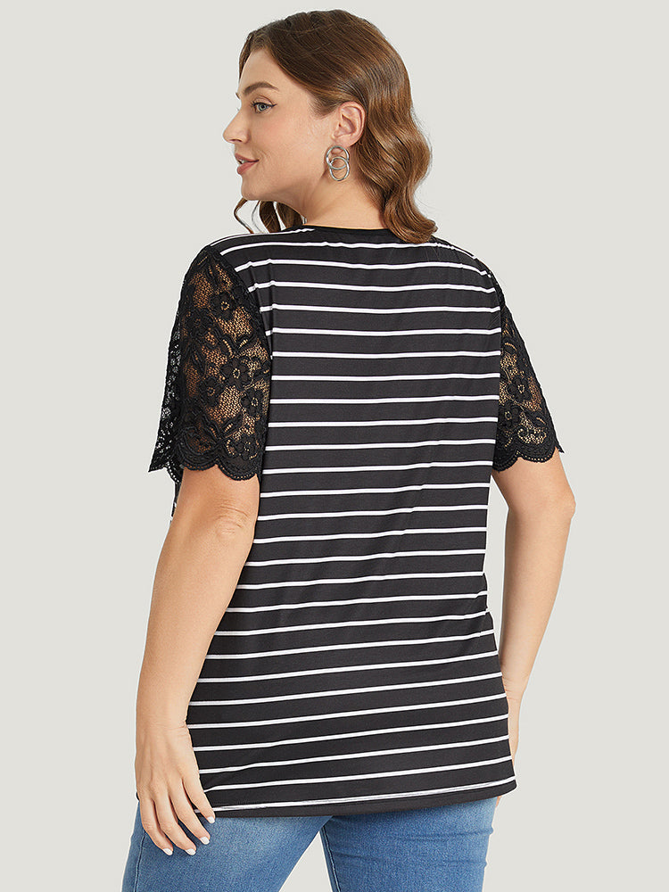 Striped Patchwork Lace Scalloped Trim T-shirt