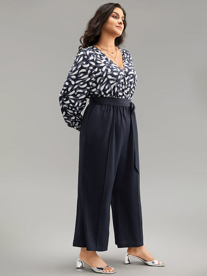Brush Print Patchwork Wrap Belted Jumpsuit