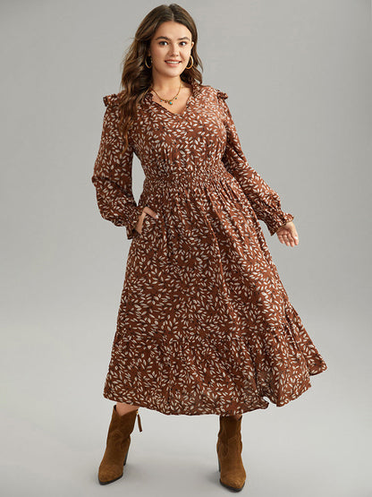 Ditsy Floral Flutter Trim Pocket Shirred Dress