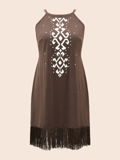 Fringed Hem Elastic Waist Midi Dress