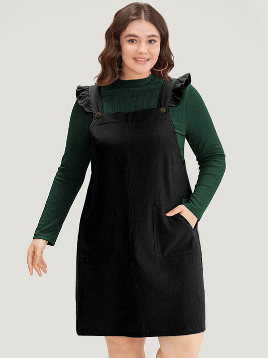 Solid Square Neck Button Up Pocket Ruffle Trim Cami Dress