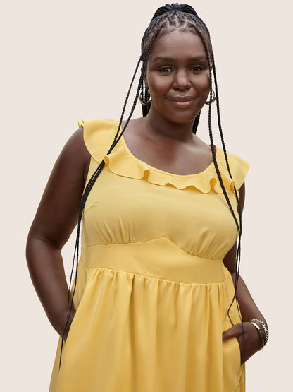 Plain Shirred Ruffle Trim Sleeveless Dress
