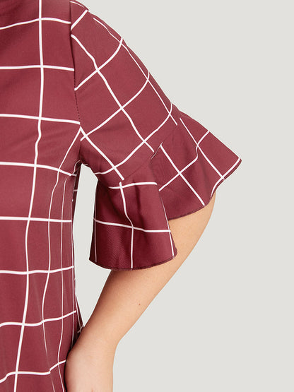 Plaid Frill Trim Bell Sleeve Flutter Hem Blouse