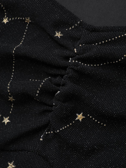 Starry Silk Mesh Flared Sleeve Midi Dress