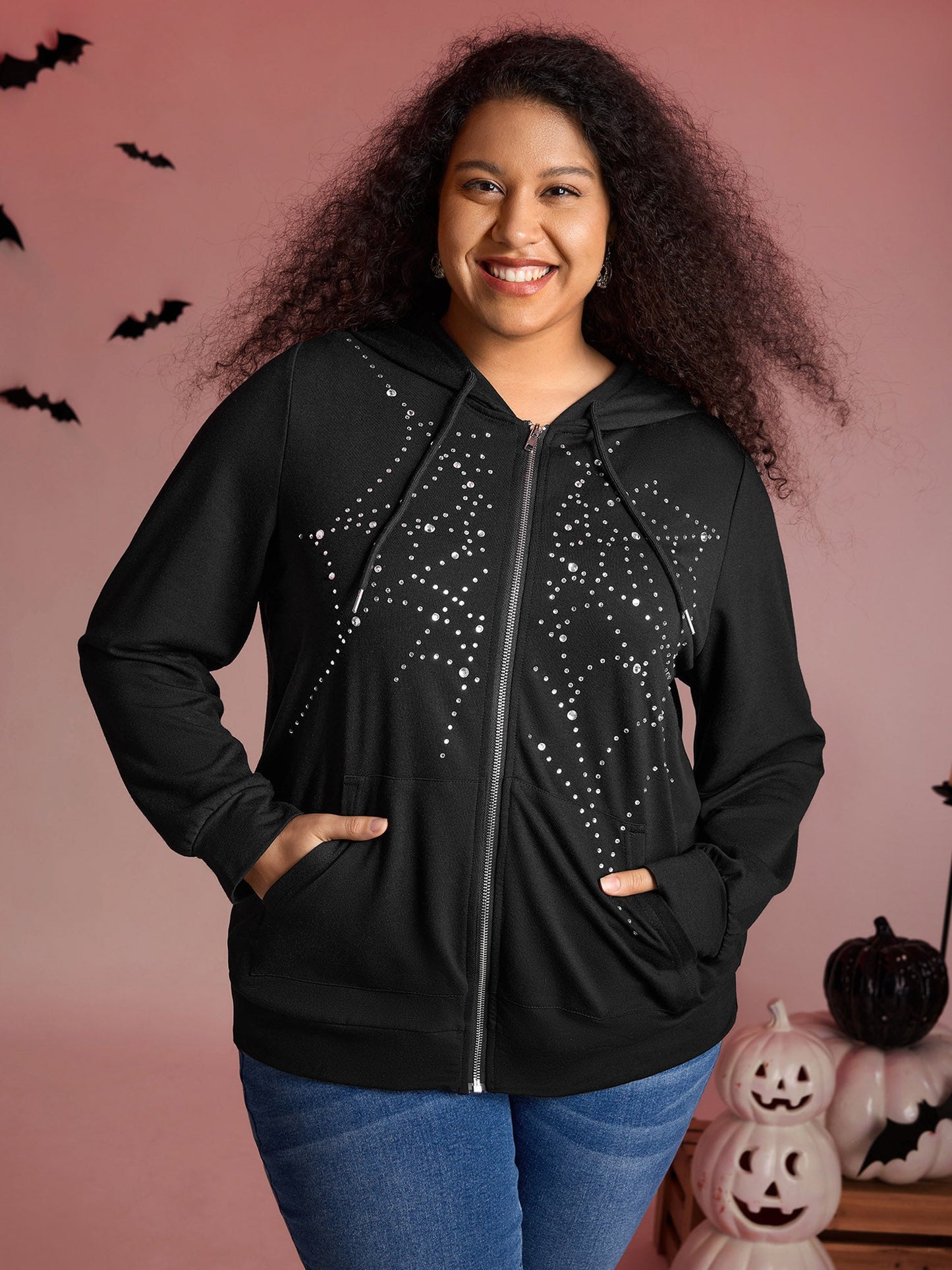 Shimmery Rhinestone Sequin Spiderweb Zipper Hoodie