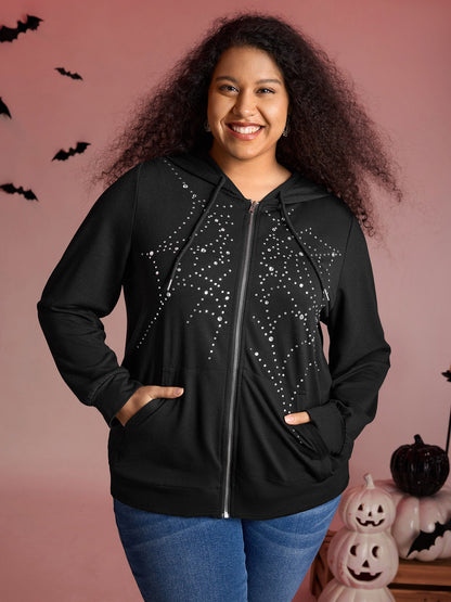 Shimmery Rhinestone Sequin Spiderweb Zipper Hoodie