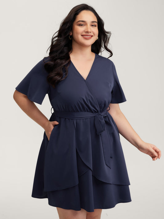 V-Neck Adjustable Belted Waist Mini Dress