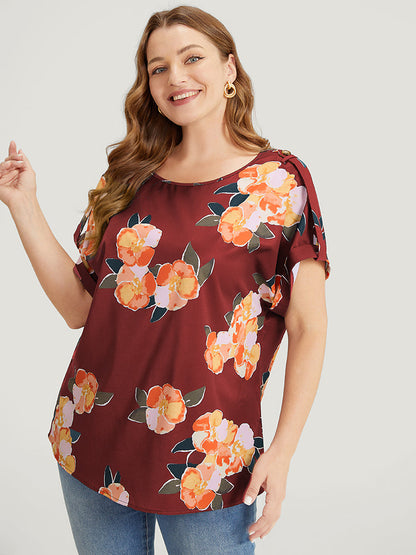 Floral Printed Roll Tab Sleeve Blouse