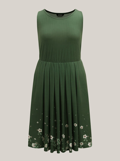 Floral Hem Print Cinched-Waist Midi Dress
