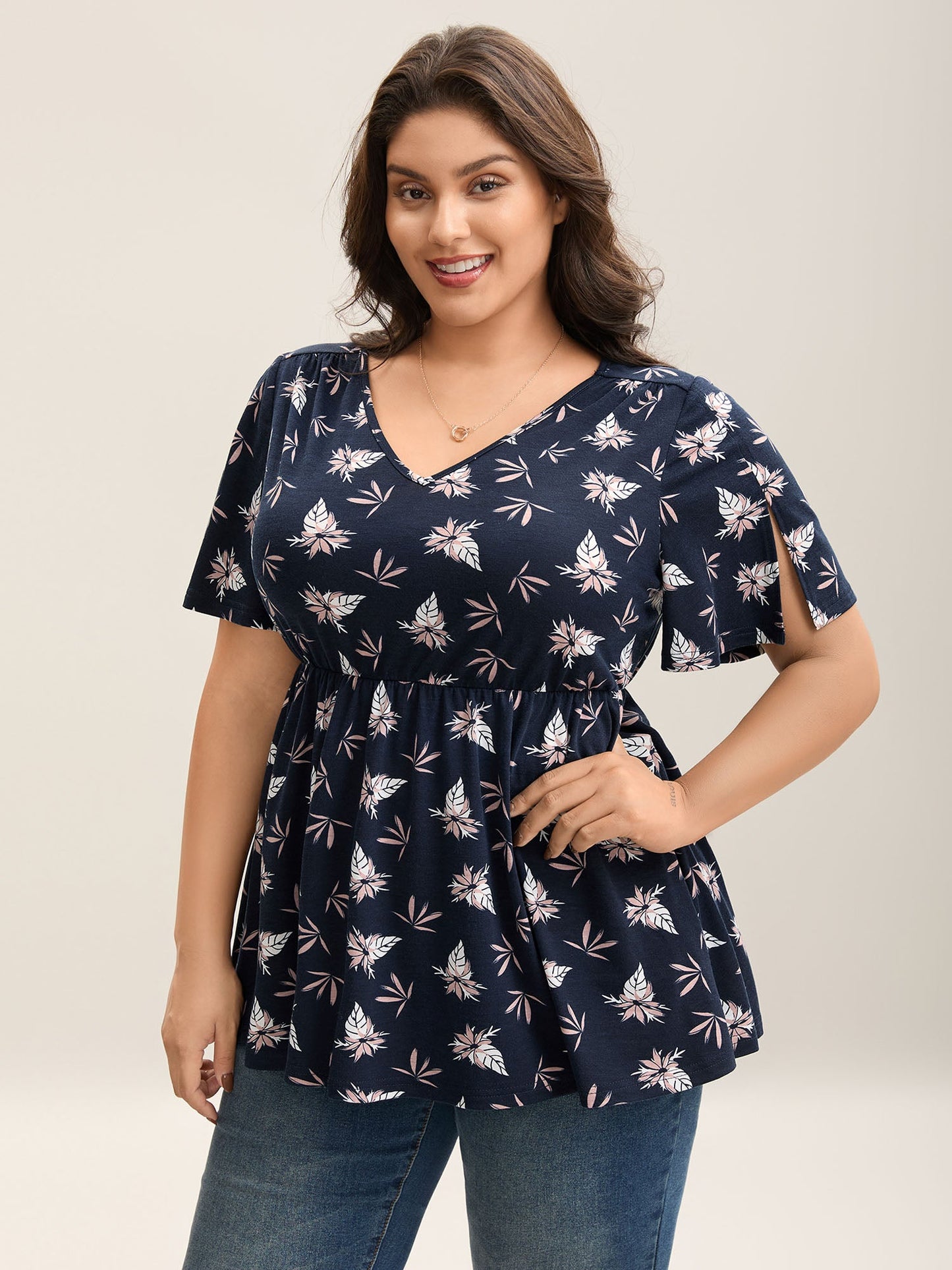 Floral Print Lotus Leaf Sleeve Knit Top