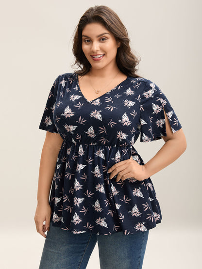 Floral Print Lotus Leaf Sleeve Knit Top