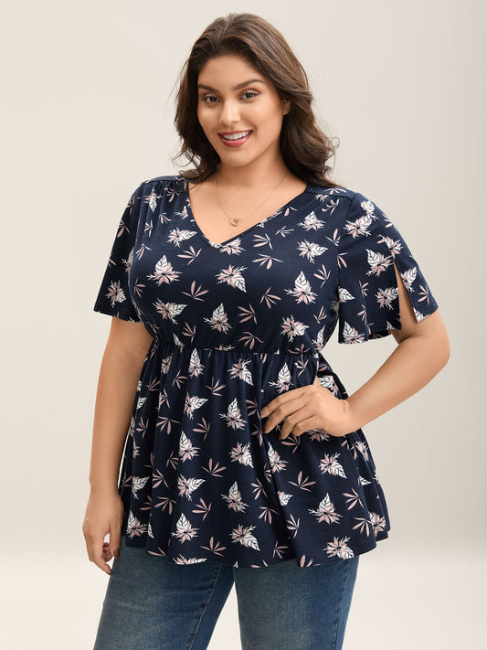 Floral Print Lotus Leaf Sleeve Knit Top