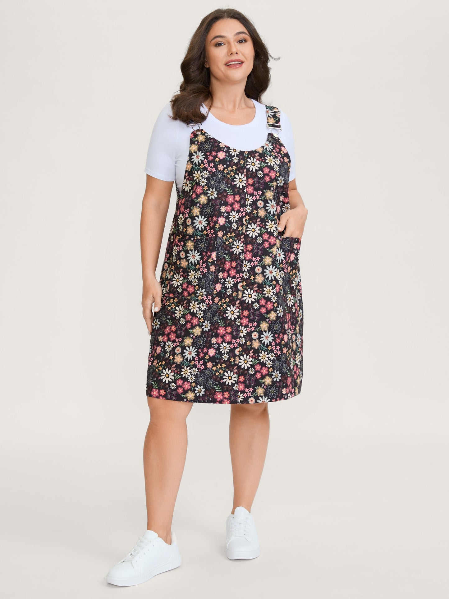 Floral Flocked Adjustable Straps Pockets Midi Dress