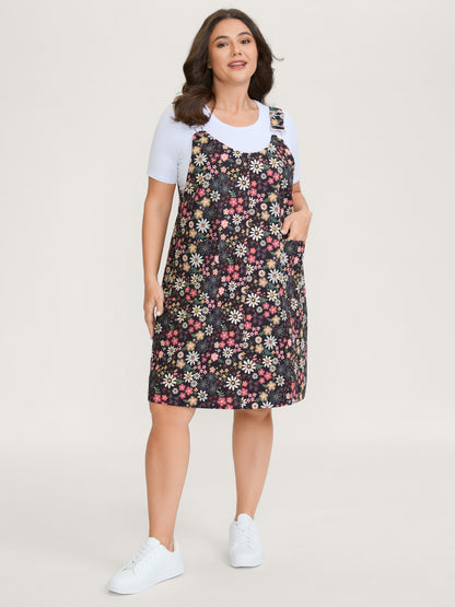 Floral Flocked Adjustable Straps Pockets Midi Dress