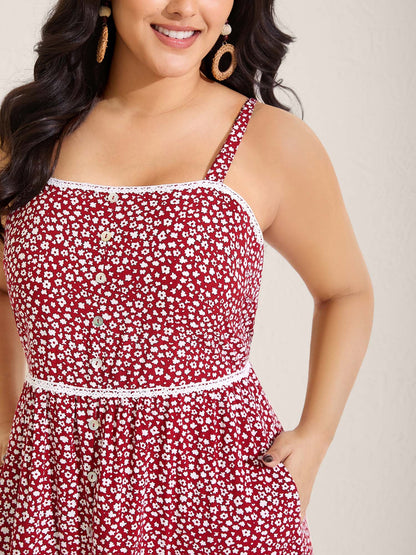 Ditsy Floral Print Lace Trim Cami Dress