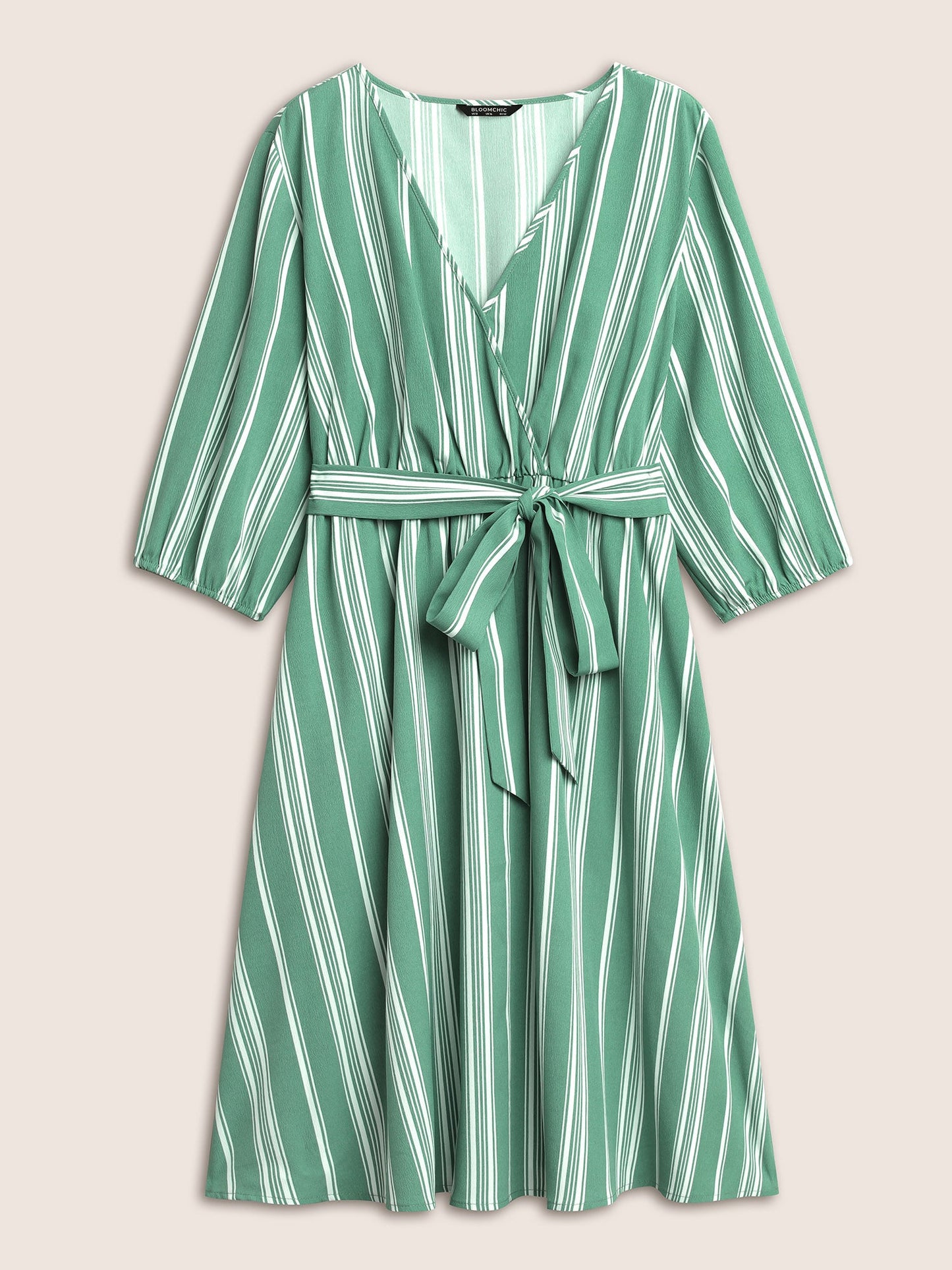 Striped Elastic Waist Belted Wrap Dress