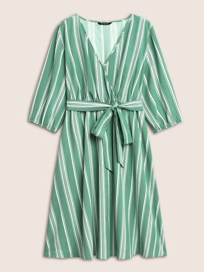 Striped Elastic Waist Belted Wrap Dress