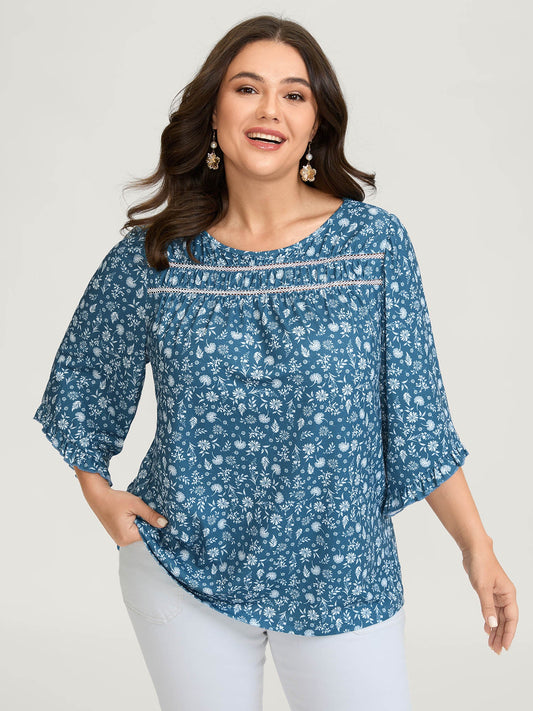 Floral Print Lace Trim Ruffled Sleeve Top