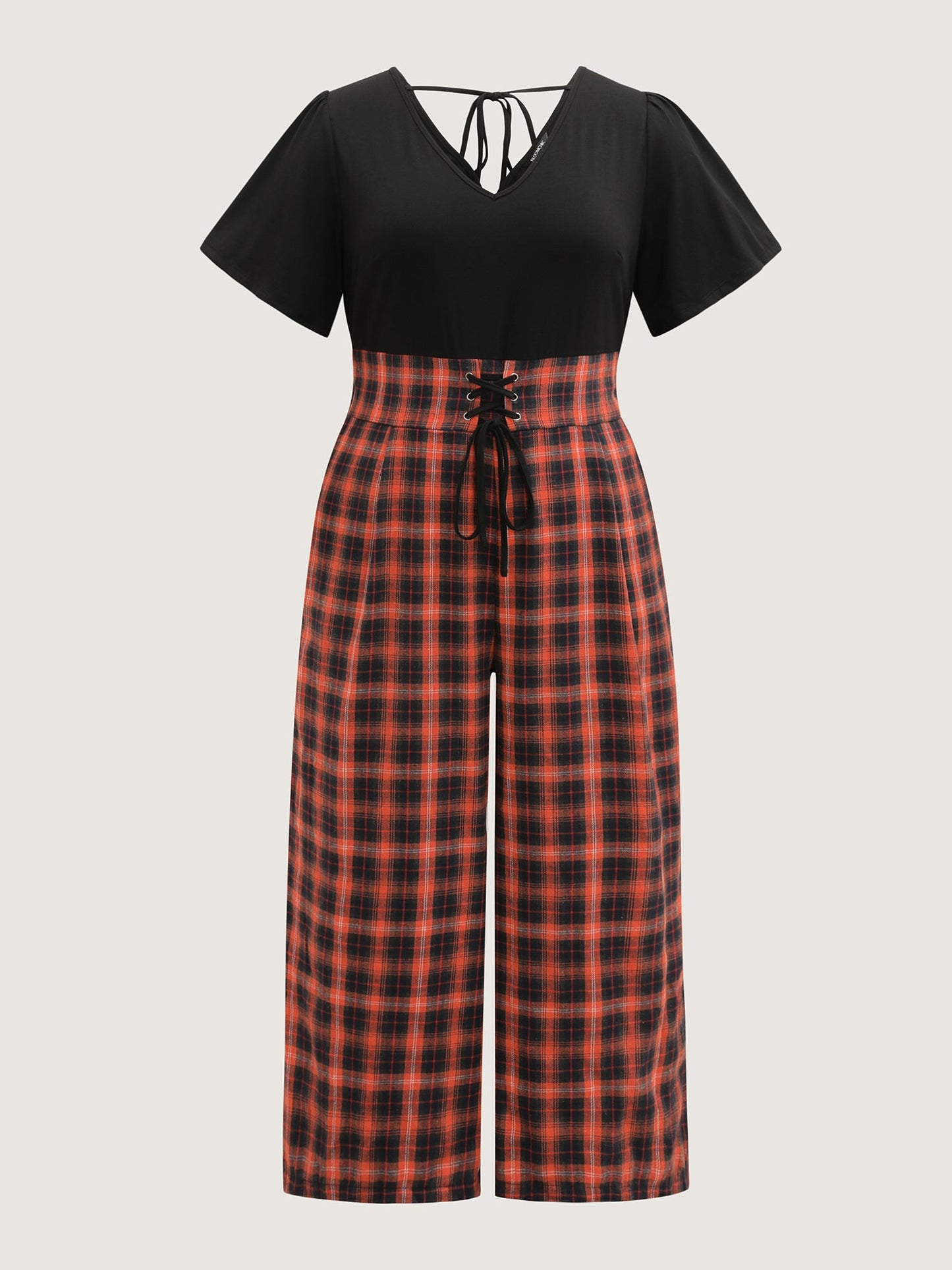 Checkered Print Pockets Cross-Tie Jumpsuit