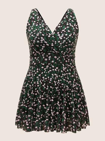 Ditsy Floral See Through Gathered Swim Dress