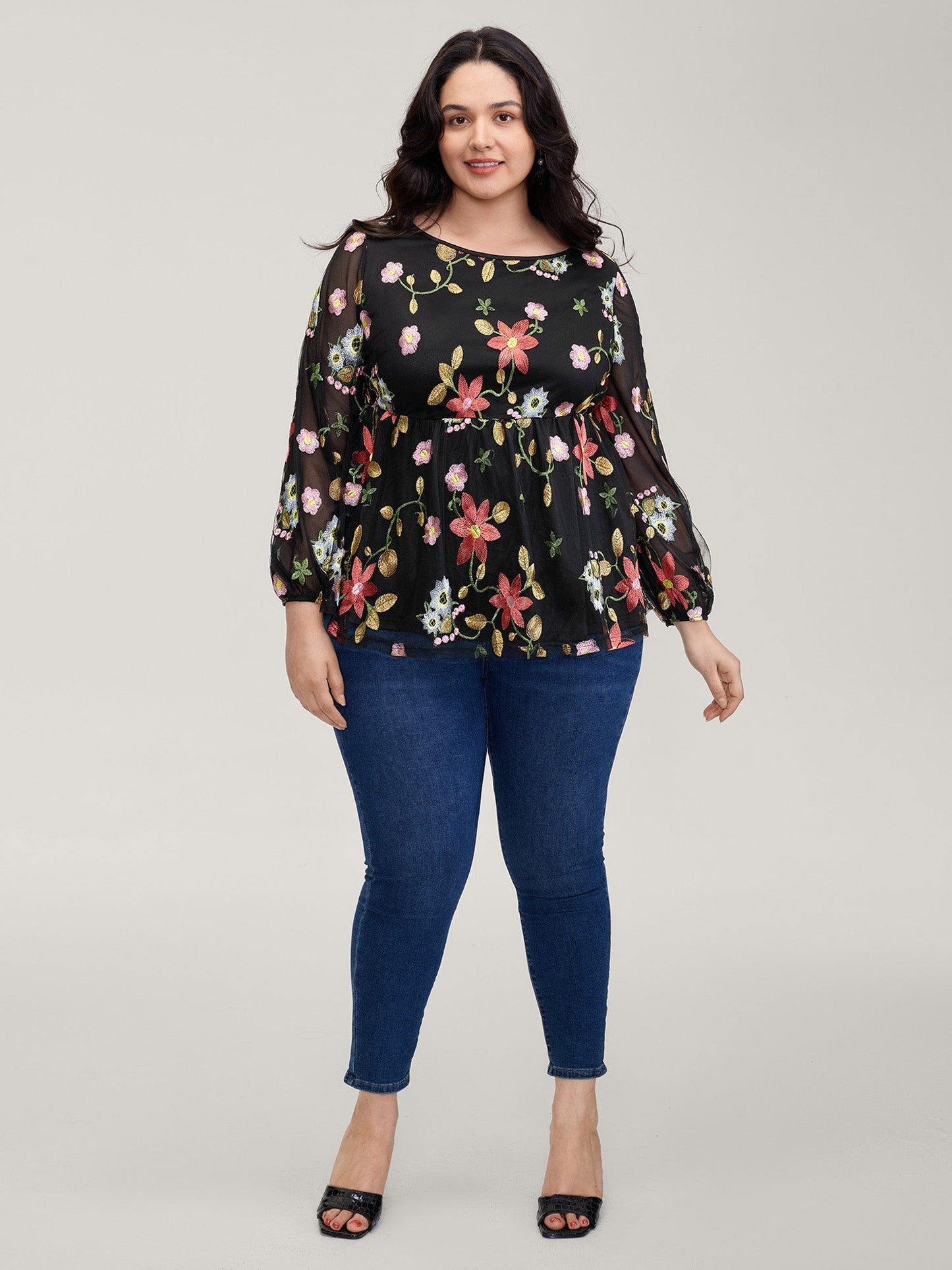 Floral Embroidered Mesh Knit Top
