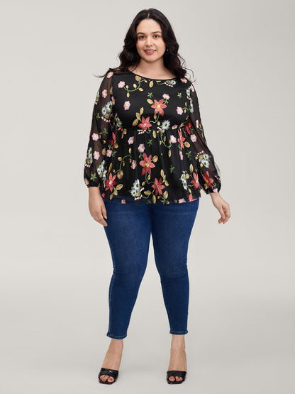 Floral Embroidered Mesh Knit Top