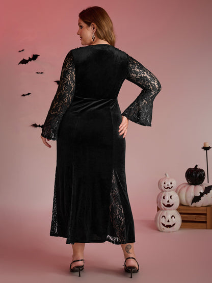 Velvet Lace Sleeve Split Hem Maxi Dress