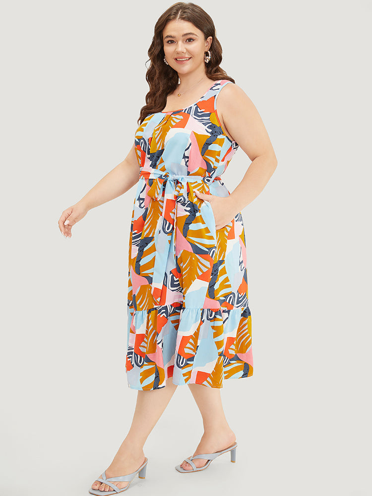Graphic Print Ruffles Hem Pocket Belt Pleated Tank Dress