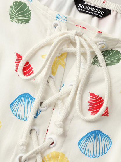 Ocean Print Adjustable Straps Pockets Midi Dress