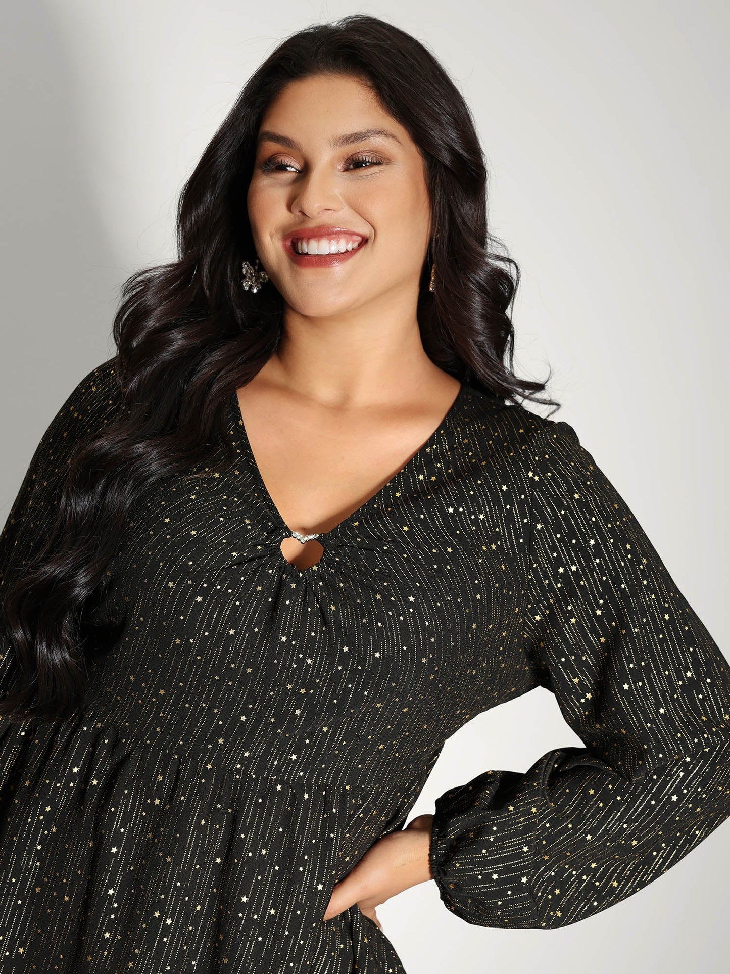 Gold Stamp Ruched Neckline Flowy Blouse