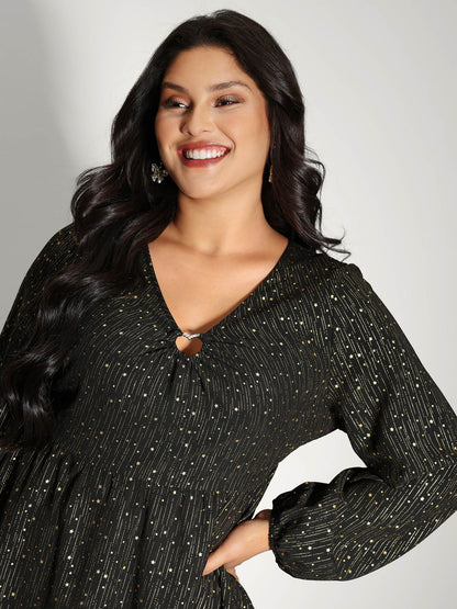 Gold Stamp Ruched Neckline Flowy Blouse