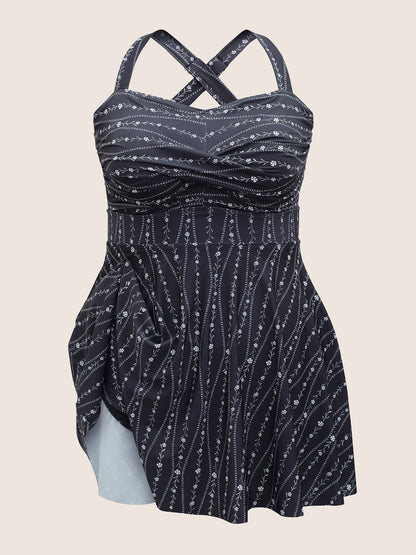 Ditsy Floral & Geo Graphic Crossover Swim Dress
