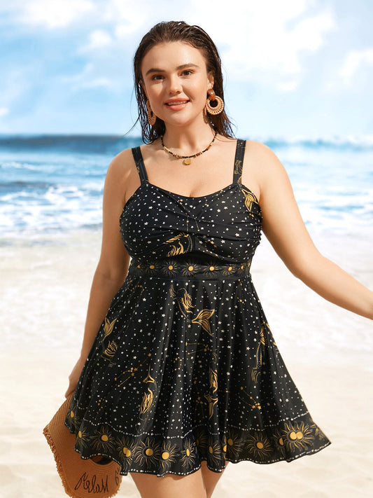 Star & Sun Print Heart Neckline Crossover Swim Dress