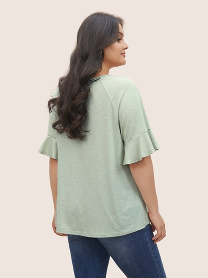 Round Neck Plain Gathered Ruffles T-shirt