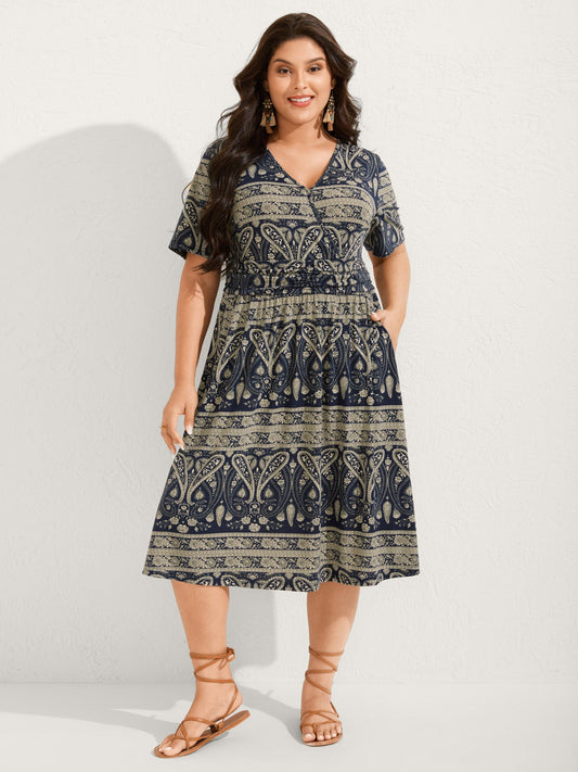 Paisley Stripe Print Pleated Waist Midi Dress