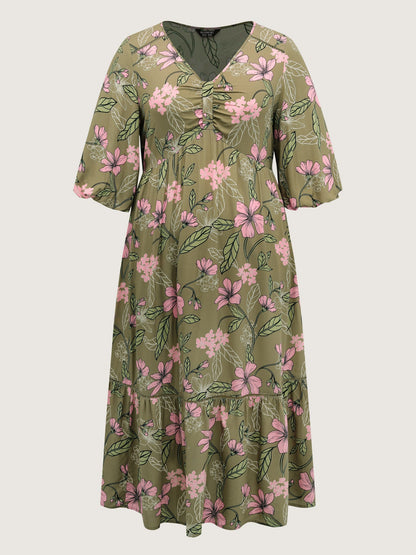 Garden Print Ruched V-Neck Maxi Dress