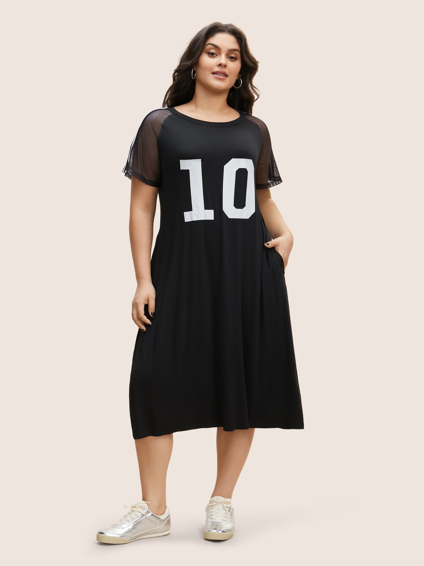 Number Print Striped Mesh Patchwork Midi Dress