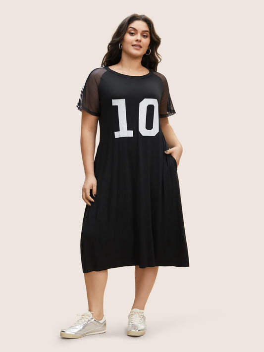 Number Print Striped Mesh Patchwork Midi Dress