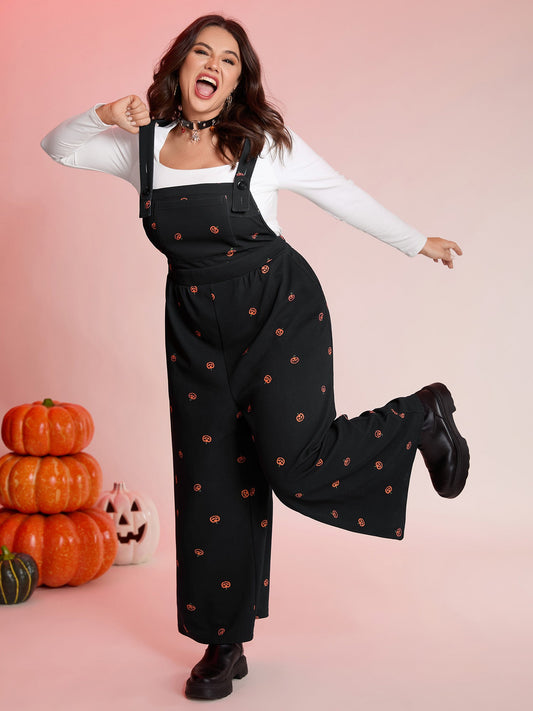 Pumpkin Print Stretchy Overall Strap Jumpsuit