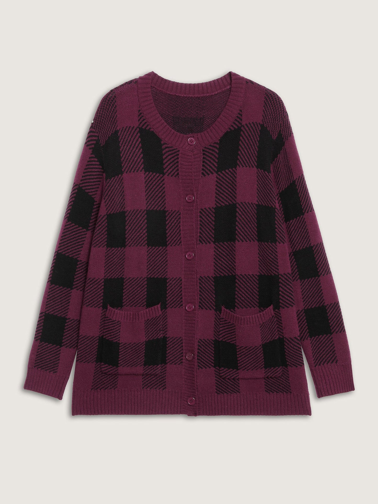 Checkered Jacquard Buttons Pockets Knit Cardigan